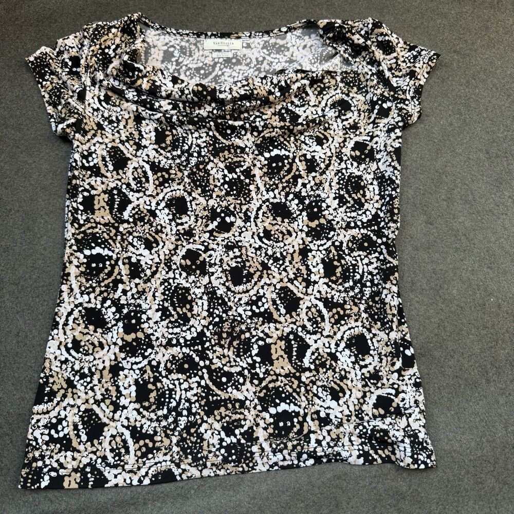 Vtg Van Heusen Blouse black white swirl Xs dropped neck small Made in USA A5